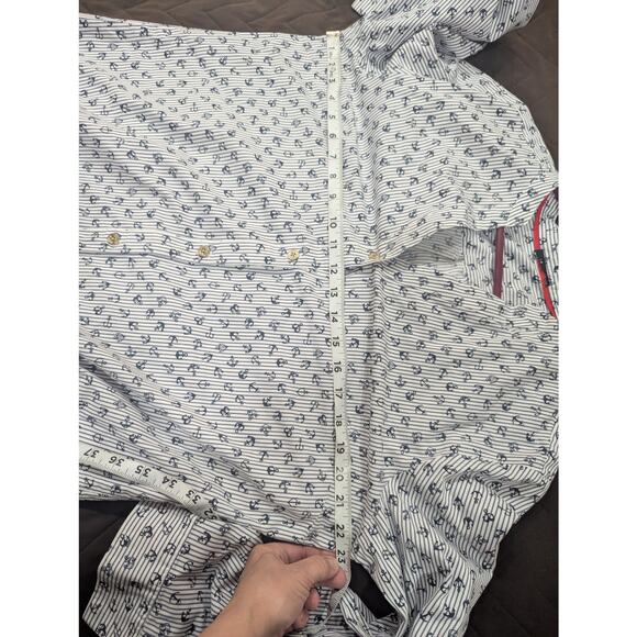 Women's vertical pinstripe w/anchor print cotton button up Henley neckline top - Picture 10 of 13